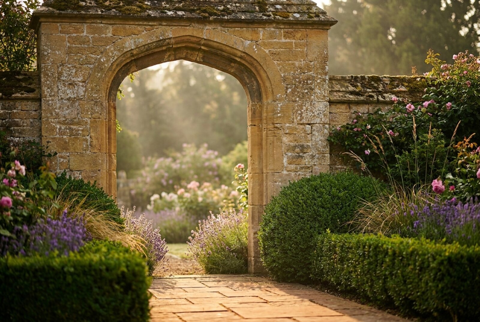 Stone garden archway threshold at Harbor Green Grounds